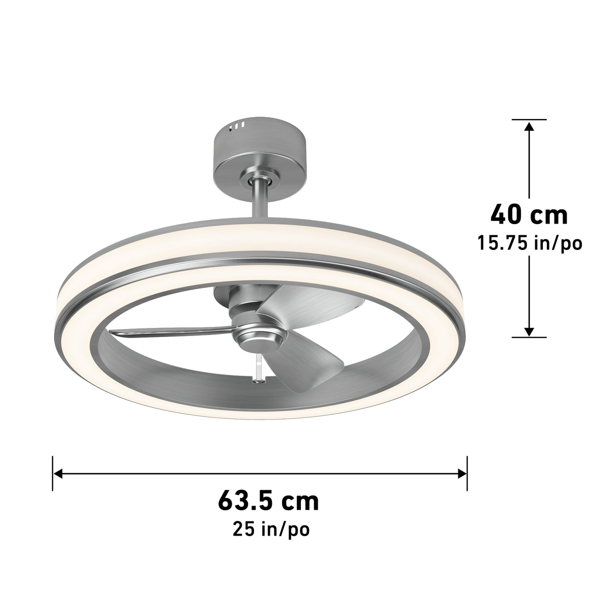 Modern ceiling fan with a circular LED light, silver blades, and a central rod. Dimensions are shown: 40 cm (15.75 in) high and 63.5 cm (25 in) wide.