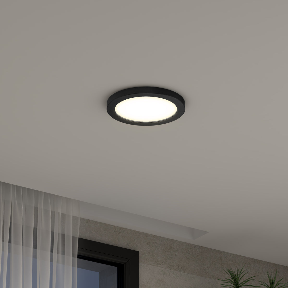 The Artika Europa Disk 7 in. LED modern flush mount light with a black rim is lit on a white ceiling, while sheer-curtained windows and a green plant appear in the image corners.