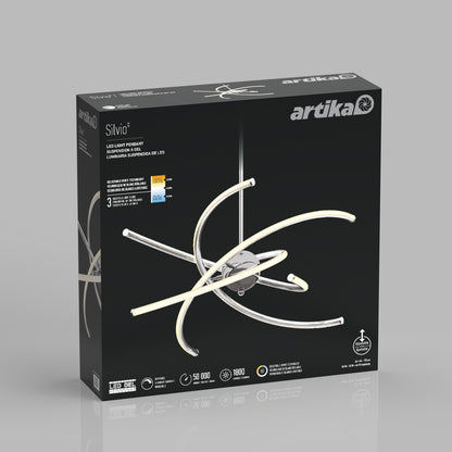 A black box packaging of the Artika Silvio LED pendant light 3 CCT, showcasing its modern curved design, product details, and energy efficiency info, set against a plain gray background.