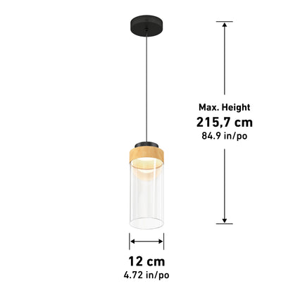 The Artika Hanson 1-light LED pendant features a black ceiling mount, wood accent, and clear cylindrical glass shade. Dimensions: 12 cm diameter, max height 215.7 cm (84.9 in). Selectable 5 CCT lighting.