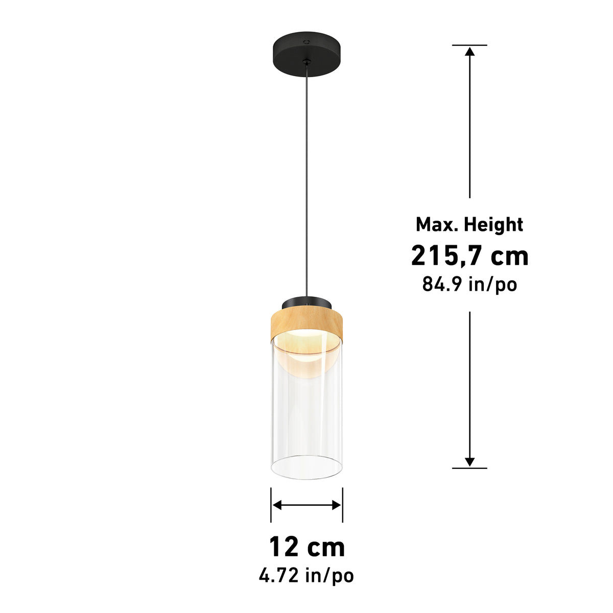 A hanging pendant light with a black ceiling mount, wooden accent, and clear cylindrical glass shade. Dimensions: 12 cm diameter, max height 215.7 cm (4.72 in/po and 84.9 in/po shown).