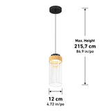 A hanging pendant light with a black ceiling mount, wooden accent, and clear cylindrical glass shade. Dimensions: 12 cm diameter, max height 215.7 cm (4.72 in/po and 84.9 in/po shown).