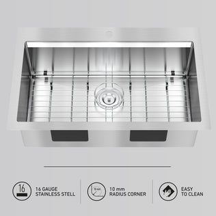The Artika Newport 33 in. single bowl stainless steel workstation sink, shown from above with drain and removable grid. Icons highlight features: 16 gauge steel, 10 mm radius corners, and easy-to-clean design.
