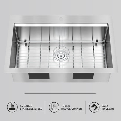 Top view of the Artika Newport single bowl stainless steel workstation sink with a grid. Icons below show features: 16 gauge stainless steel, 10 mm radius corners, and an easy-to-clean design.