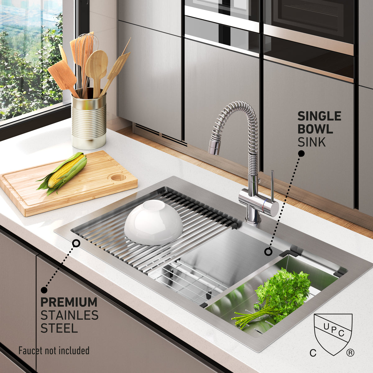 A modern kitchen sink with a single stainless steel bowl, a faucet (not included), a bowl, cutting board, corn, herbs, and utensils nearby; cabinets and a window are in the background. Text highlights features.