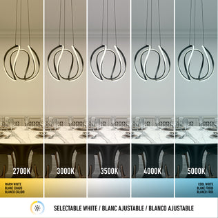Five dining scenes feature the Artika Vivaldi Big LED pendant light with 5 CCT settings—2700K (warm), 3000K, 3500K, 4000K, and 5000K (cool)—each labeled to show a different white light temperature over set tables.