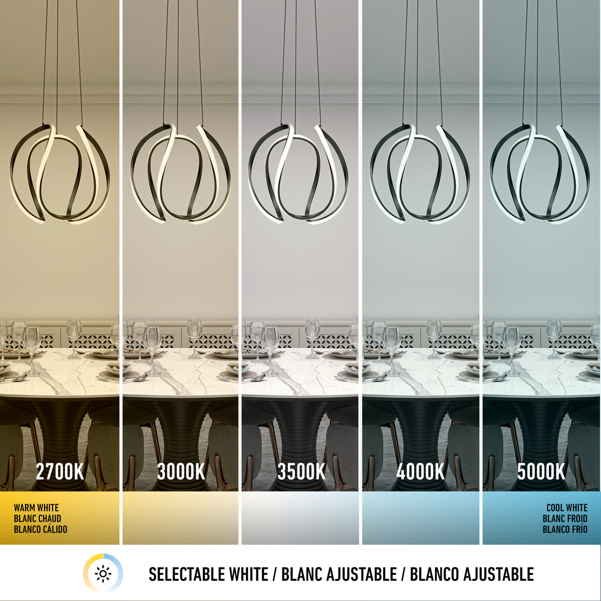 A dining table under five pendant lights, each sectioned to show different white light temperatures: 2700K (warm), 3000K, 3500K, 4000K, and 5000K (cool), ranging from warm to cool tones.