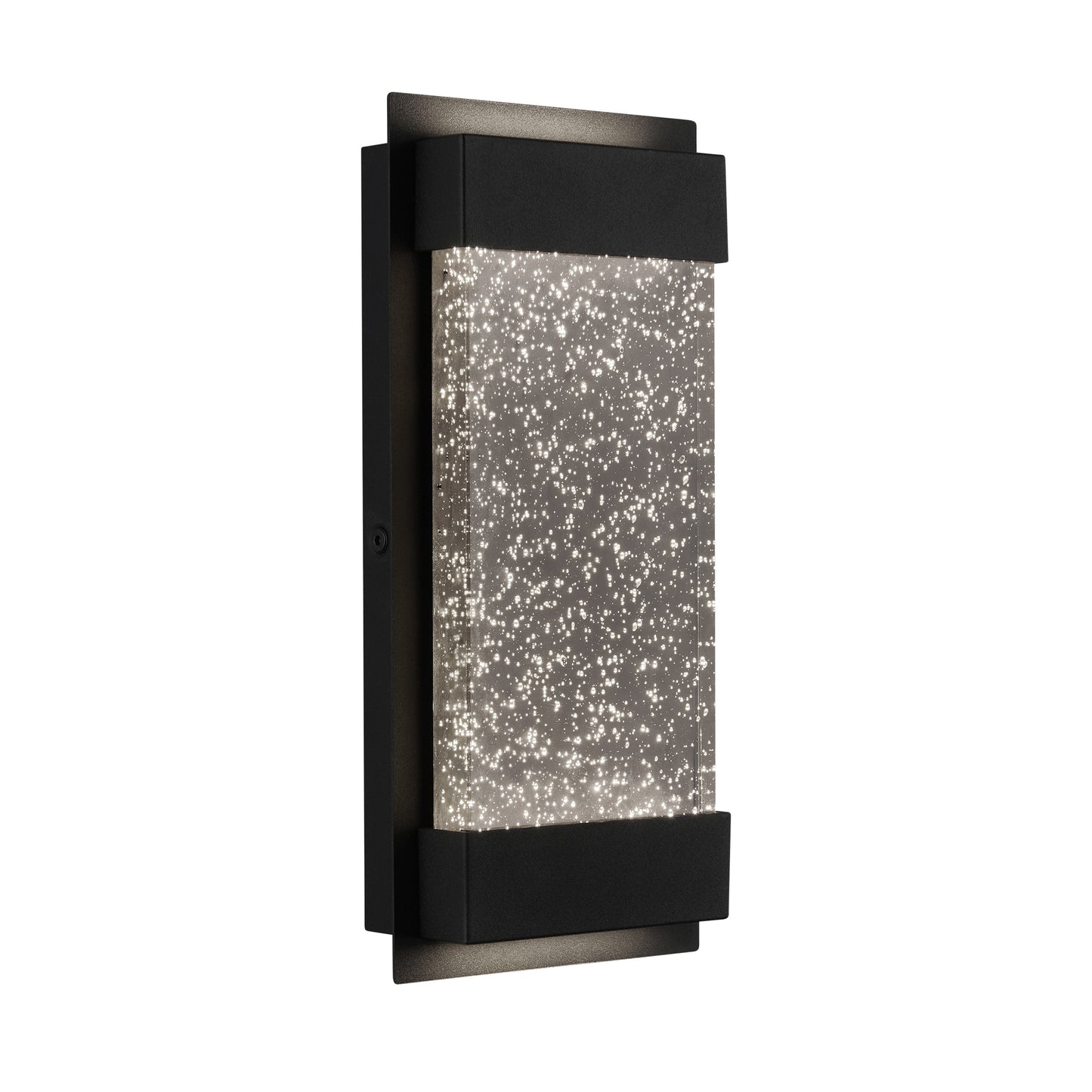 The Artika Essence Glow Box is a modern indoor-outdoor LED wall light featuring a black frame and central frosted glass embedded with sparkling bubbles, producing a starry effect when illuminated.