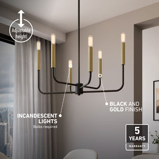 The Artika Manchester 6-light pendant is a modern black and gold chandelier with adjustable height, ideal for rooms with a city view.