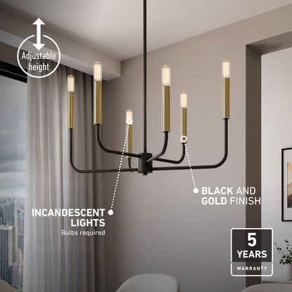 The Artika Manchester 6-light pendant is a modern black and gold chandelier with adjustable height, ideal for rooms with a city view.