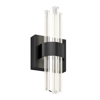 The Artika Dorado LED contemporary wall sconce features a black rectangular base, a curved black band, and vertical cylindrical glass rods that diffuse light. Adjustable 3 CCT settings offer versatile modern illumination.