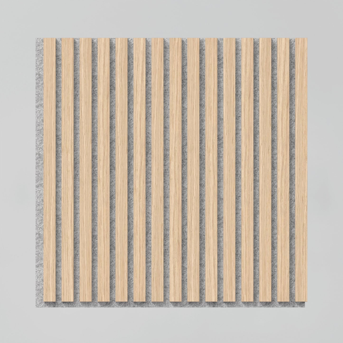 The Artika-CAN-dev Sonolok 15.5 ft sound-absorbing wall panel kit features vertical light wood slats evenly spaced over a gray background, creating alternating wood and gray stripes.