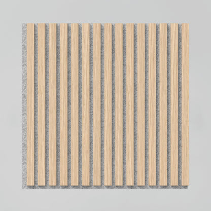 The Artika-CAN-dev Sonolok 15.5 ft sound-absorbing wall panel kit features vertical light wood slats evenly spaced over a gray background, creating alternating wood and gray stripes.
