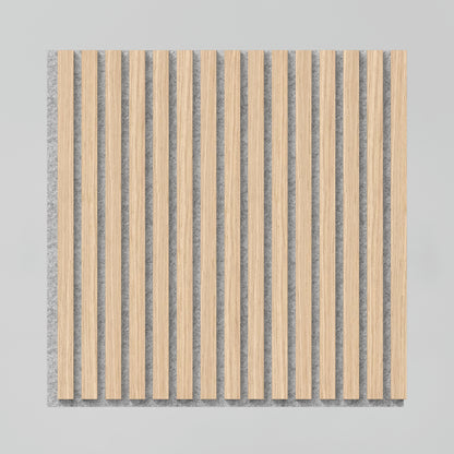The Artika Sonolok 15.5 ft sound-absorbing wall panel kit features vertical wooden slats evenly spaced over a gray background, creating a minimal and modern striped look.