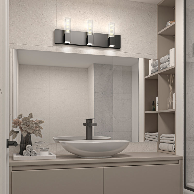 Modern bathroom with round sink and shelves, lit by Artika's Hologram LED vanity light 5 CCT as elegant mirror lighting.