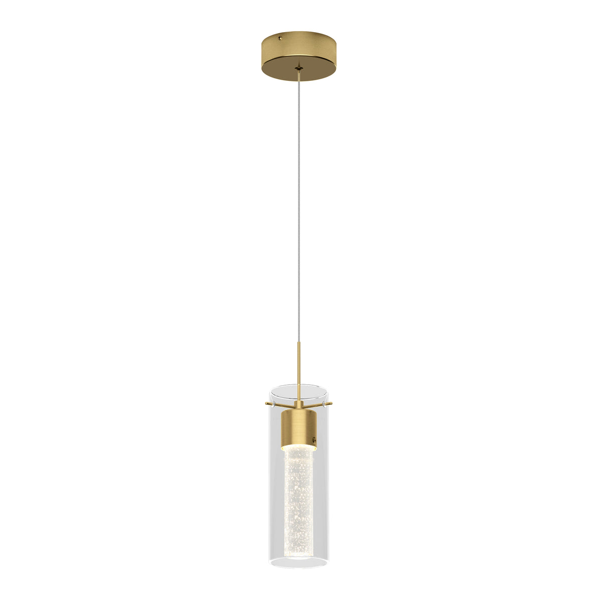 A modern pendant light with a cylindrical clear glass shade, suspended by a thin wire from a round gold ceiling mount. The inner cylinder appears textured or illuminated.
