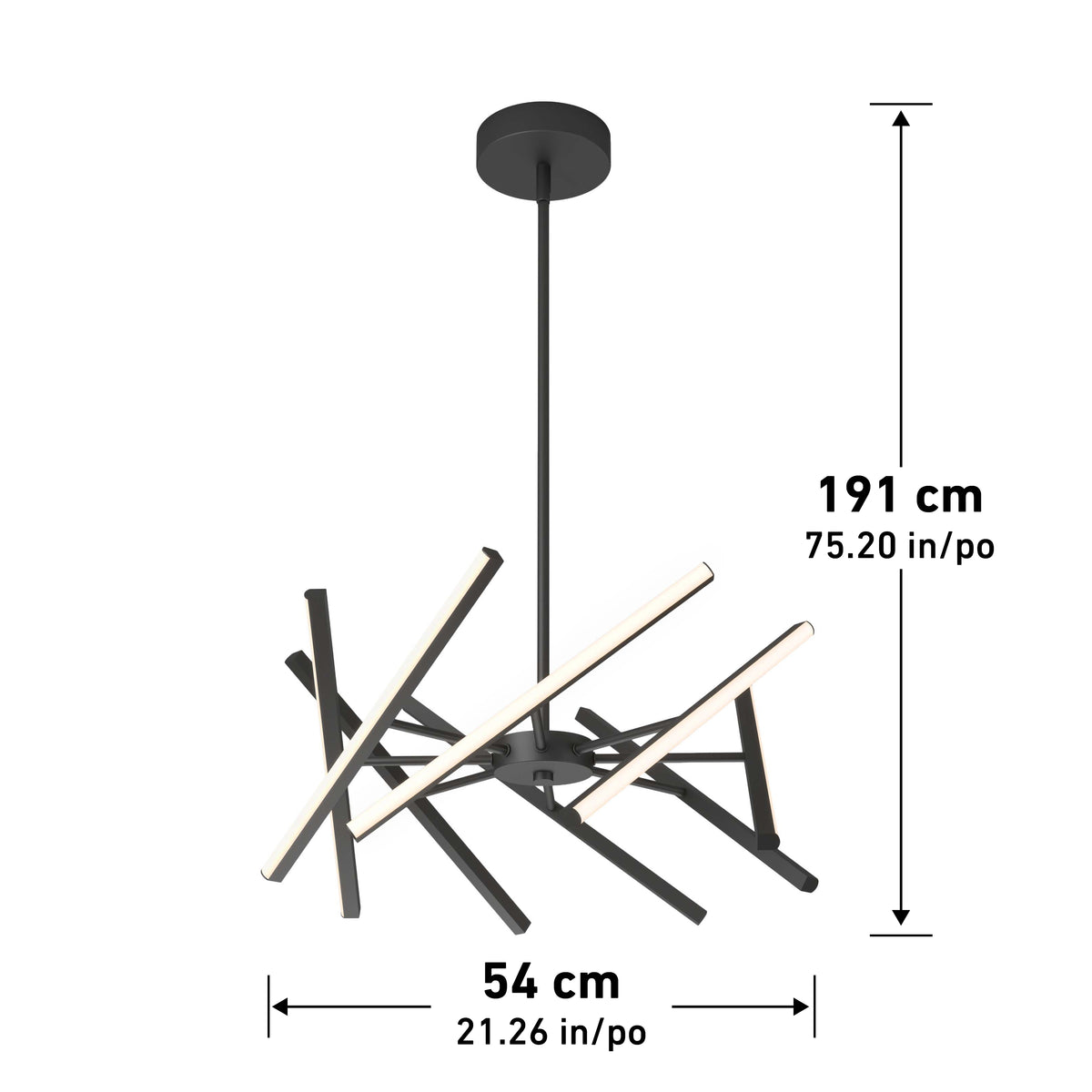 Modern black chandelier with multiple intersecting LED light bars. It hangs from a ceiling mount, measuring 191 cm (75.20 in) in height and 54 cm (21.26 in) in width. Measurements are shown with arrows.