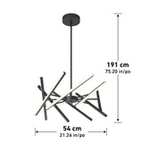 Modern black chandelier with multiple intersecting LED light bars. It hangs from a ceiling mount, measuring 191 cm (75.20 in) in height and 54 cm (21.26 in) in width. Measurements are shown with arrows.