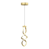 A modern gold pendant light with a twisted, sculptural design hangs from a thin wire and round ceiling mount against a white background.