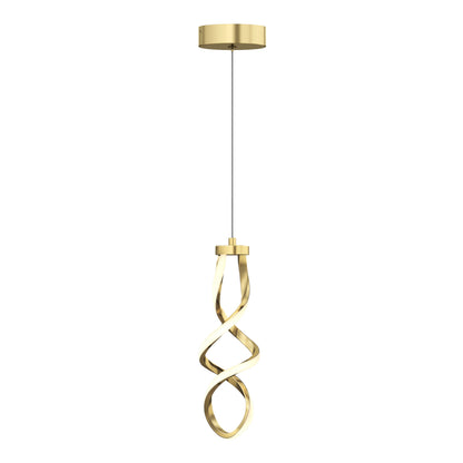 A modern gold pendant light with a twisted, sculptural design hangs from a thin wire and round ceiling mount against a white background.