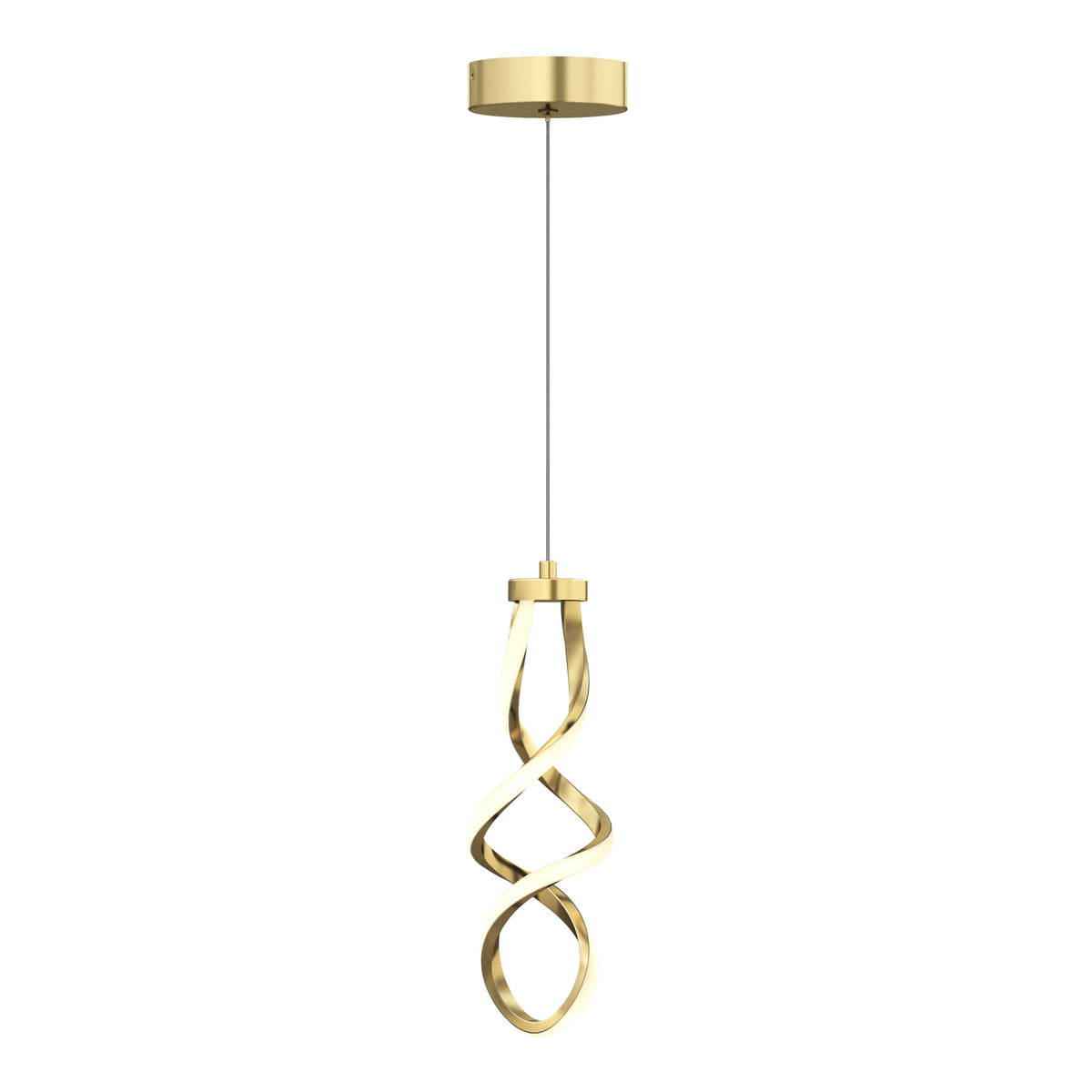 The Artika Mini Swirl LED pendant light features a modern gold, twisted ribbon design suspended from a thin cord and round ceiling mount.