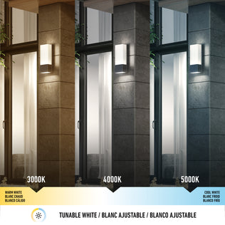 Three panels display the Artika Dixon indoor-outdoor LED wall light at 3000K (warm), 4000K (neutral), and 5000K (cool) color temperatures, highlighting its tunable white lighting feature.