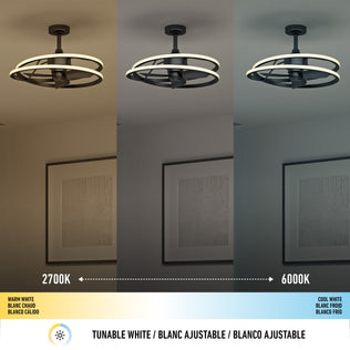 Artika Coda 23 in. LED ceiling fan with remote offers 2700K–6000K tunable light in three side-by-side panels.
