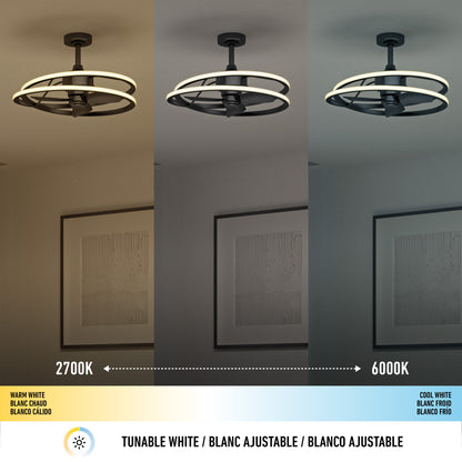 The Artika Coda 23 in. LED modern ceiling fan with remote is shown in three sections: left, warm white (2700K); center, neutral white; right, cool white (6000K). Temperature scale and labels appear in English, French, and Spanish below.