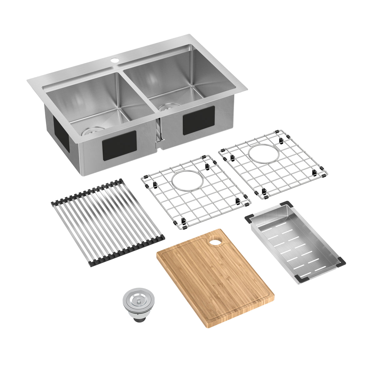 A double-basin stainless steel kitchen sink with accessories, including two metal racks, a dish drying rack, a wooden cutting board, a strainer, and a small metal tray, arranged on a white background.