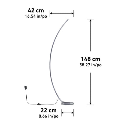 The Artika Arc LED Floor Lamp features a slim, modern arched design with a circular base. Dimensions: 42 cm (16.5") wide, 22 cm (8.7") deep, and 148 cm (58.3") high. A power cord is attached to the base; measurements are in cm and inches.