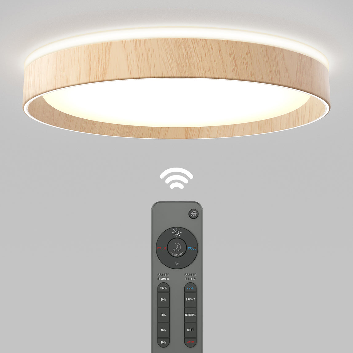 A modern, circular ceiling light with a wooden trim is shown, emitting a soft glow. Below it, a wireless remote control displays various buttons and an illuminated symbol indicating wireless connection.