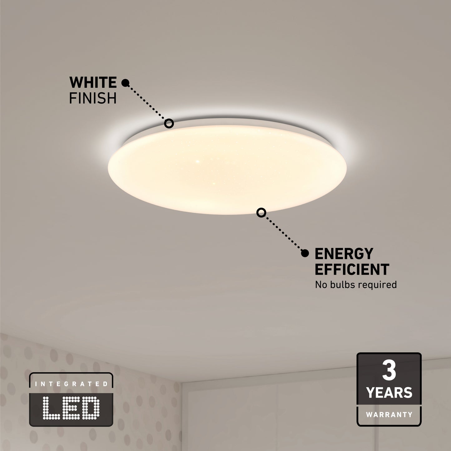 The Artika Empress 13 in. LED modern flush mount light is installed on the ceiling, showcasing its energy efficiency, white finish, 3-year warranty, and integrated LED requiring no bulbs.