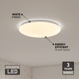 A round, white ceiling LED light is shown lit in a room. Text highlights its white finish, energy efficiency (no bulbs required), integrated LED, and a 3-year warranty.