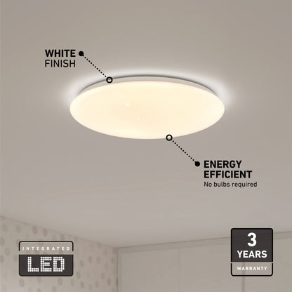 The Artika Empress 13 in. LED modern flush mount light is installed on the ceiling, showcasing its energy efficiency, white finish, 3-year warranty, and integrated LED requiring no bulbs.