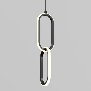 The Catena LED pendant light by Artika features two large, oval loops with black frames and illuminated white inner edges, suspended from a black cord against a plain gray background.