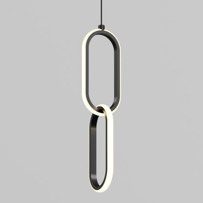 The Catena LED pendant light by Artika features two large, oval loops with black frames and illuminated white inner edges, suspended from a black cord against a plain gray background.