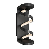 A modern black wall sconce with a spiral LED light design, mounted vertically on a flat rectangular base. The sleek fixture has a contemporary, minimalistic look.