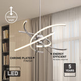 Modern chrome-plated LED chandelier with adjustable height, illuminated curved arms, and energy-efficient design hanging in a stylish living room with shelves and curtains. Text highlights features and 5-year warranty.