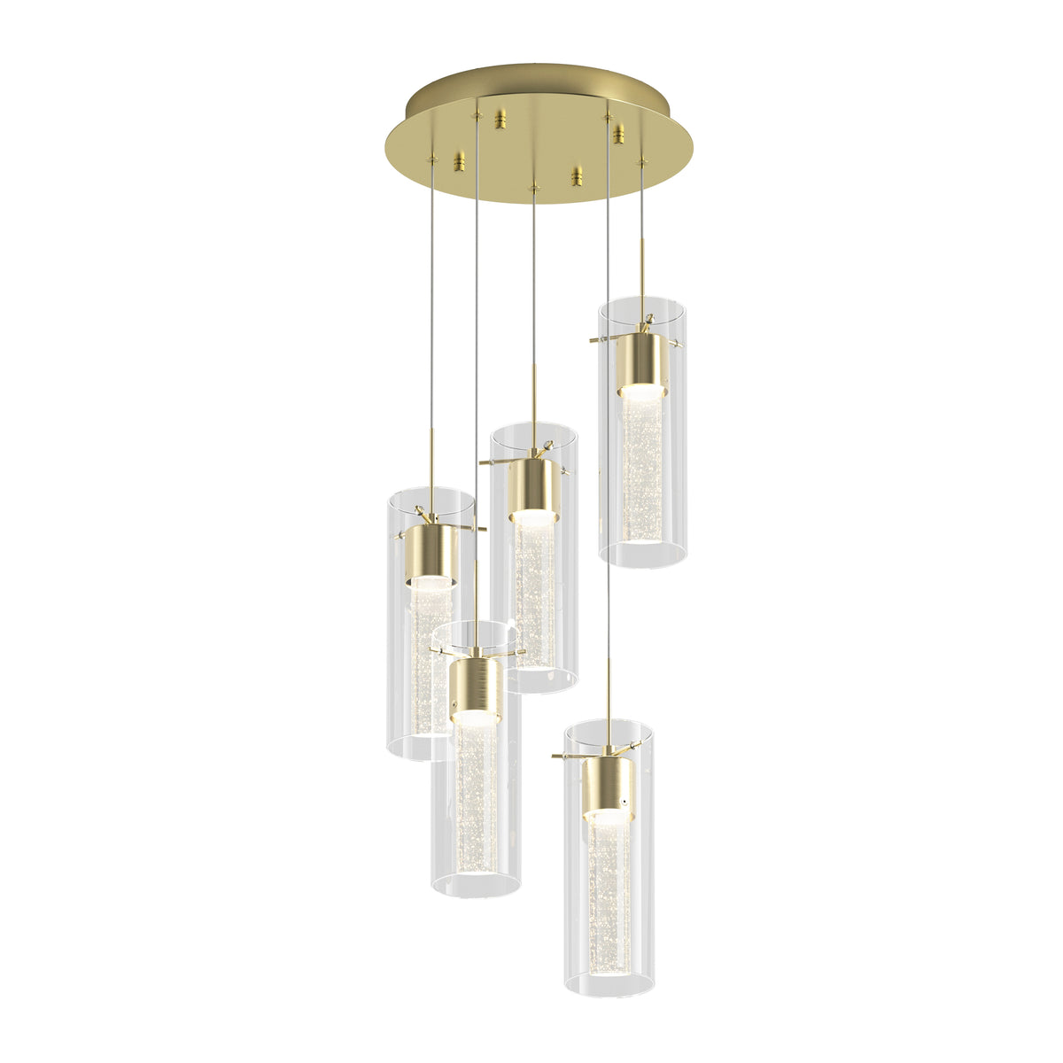 A modern gold ceiling light fixture with five hanging cylindrical glass pendants, each containing a textured inner tube, suspended at varying heights from a round gold base.