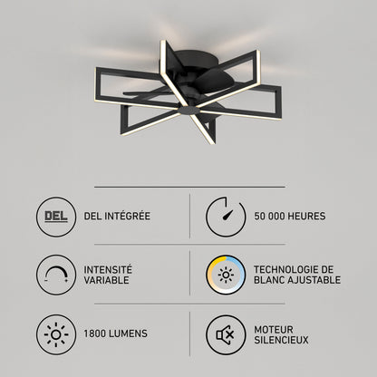 Artika Swirl 26 in. LED modern fandelier ceiling fan with light and remote, sleek matte black, quiet motor, adjustable white geometric LED.