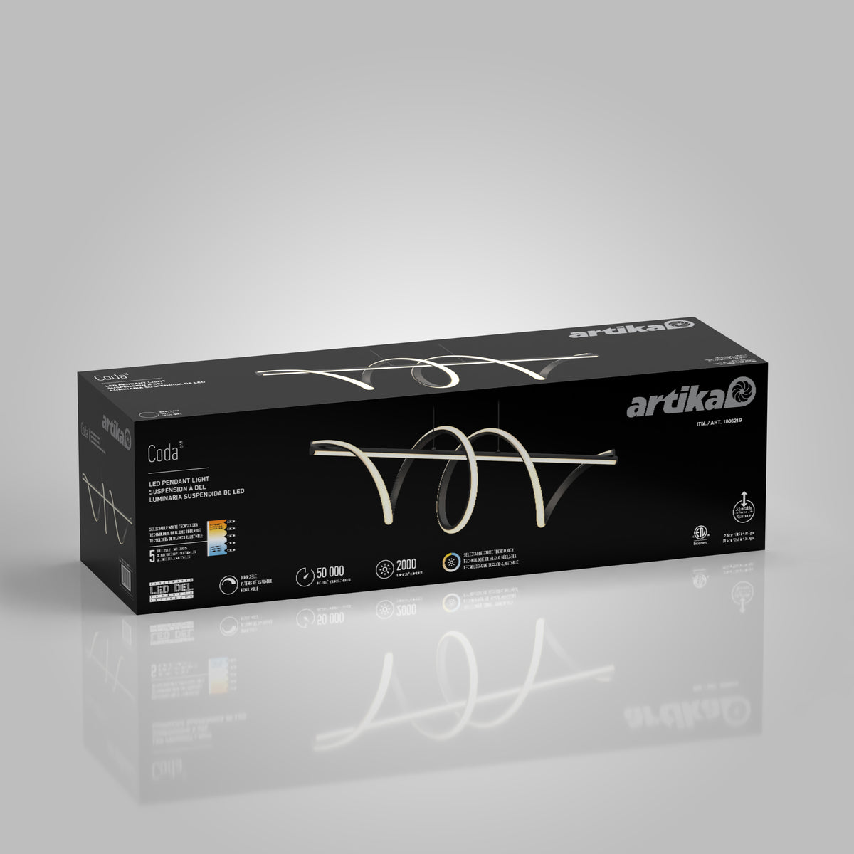 A black rectangular box for the Artika Coda LED ceiling light, featuring a curved, modern fixture image, product details, features, and brand logo on a reflective surface with a gray gradient background.