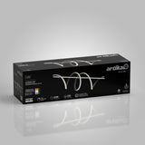 A black rectangular box for the Artika Coda LED ceiling light, featuring a curved, modern fixture image, product details, features, and brand logo on a reflective surface with a gray gradient background.