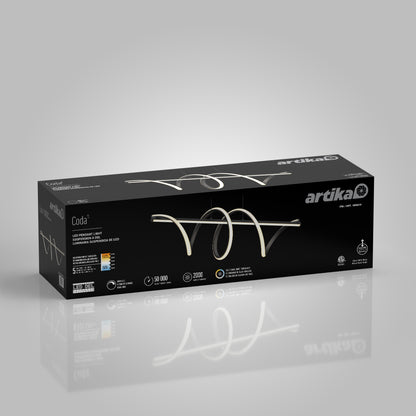 A black rectangular box for the Artika Coda modern LED pendant light 5 CCT features an image of the stylish curved fixture and highlights key details like adjustable color temperature, brightness, and energy efficiency on its packaging.