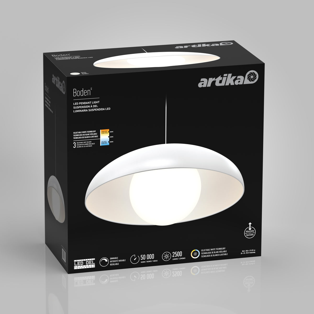 A black box packaging of the Artika Boden LED pendant light is shown, featuring an image of the white, dome-shaped light fixture on the front along with product details and icons.
