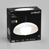 A black box packaging of the Artika Boden LED pendant light is shown, featuring an image of the white, dome-shaped light fixture on the front along with product details and icons.