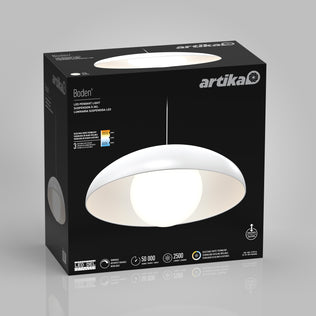 A black Artika box showcases the Boden LED modern mid-century pendant light 3 CCT, a sleek white dome design. Icons display its 50,000-hour lifespan, 2500 lumens brightness, and energy efficiency.