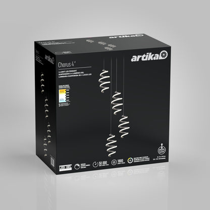 A black Artika box displays the Chorus 4 light LED pendant 5 CCT. The packaging features four spiral hanging lights and highlights key product details such as LED life, lumens, and energy efficiency icons.