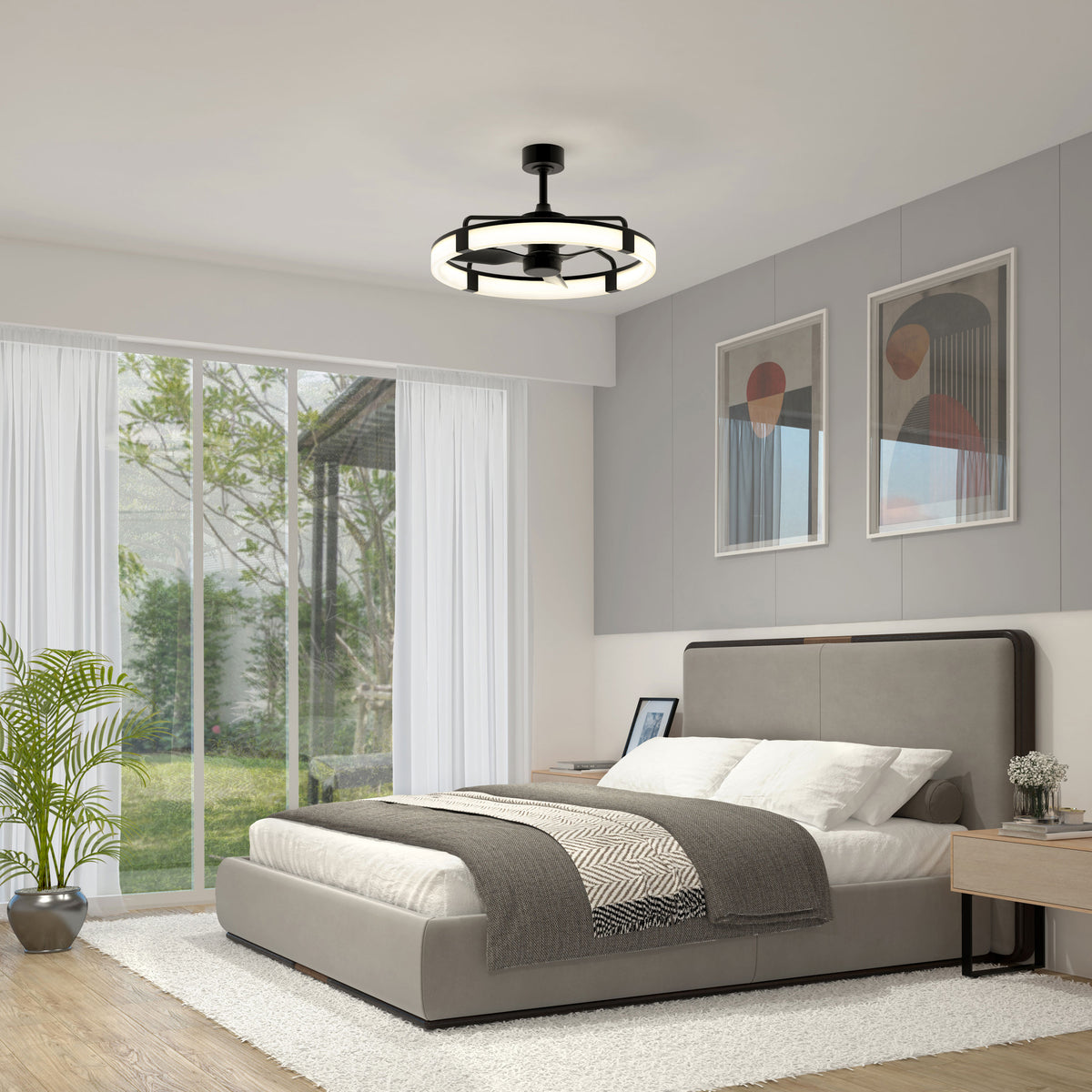 Modern bedroom with a large bed, gray and white bedding, two abstract art pieces above the headboard, an Artika Sunnyvale 28 in. LED modern ceiling fan with remote, potted plant, nightstands, and sliding glass door to a garden patio.