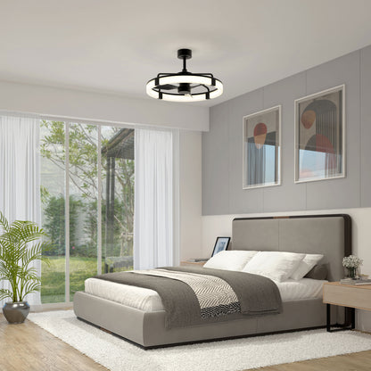 Modern bedroom with a large bed, gray and white bedding, two abstract art pieces above the headboard, an Artika Sunnyvale 28 in. LED modern ceiling fan with remote, potted plant, nightstands, and sliding glass door to a garden patio.