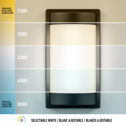 The Artika Fogo modern LED indoor-outdoor wall light 5 CCT features selectable white color temperatures—2700K, 3000K, 3500K, 4000K, and 5000K—from warm to cool, each labeled in English, French, and Spanish below a white icon.